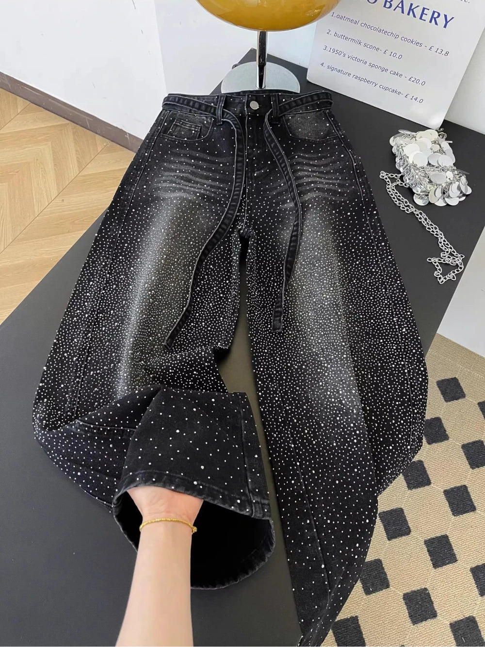 Pantalones Vaqueros Anchos de Mezclilla con Brillos