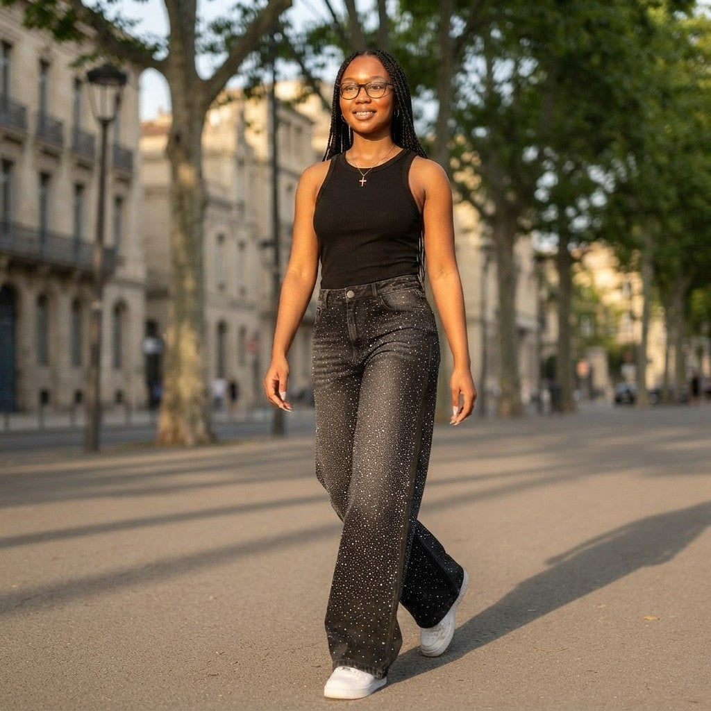 Pantalones Vaqueros Anchos de Mezclilla con Brillos