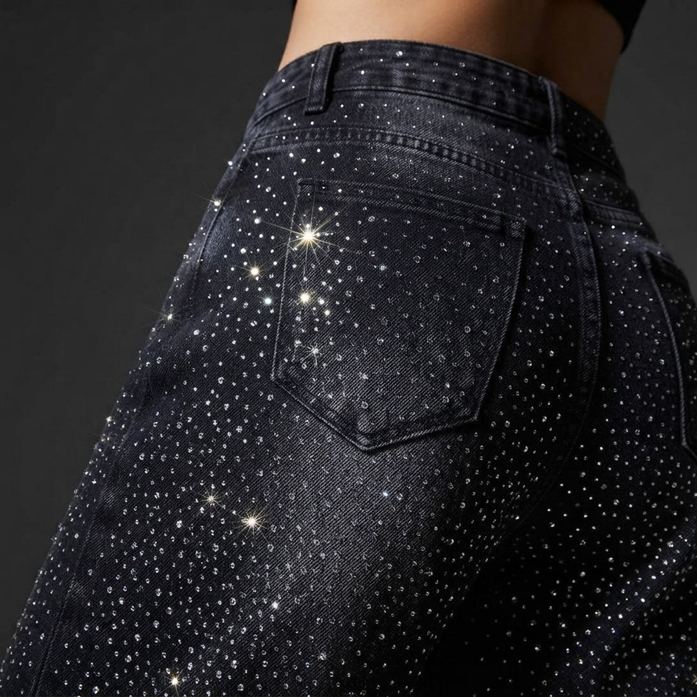 Pantalones Vaqueros Anchos de Mezclilla con Brillos