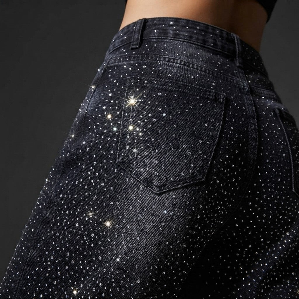 Pantalones Vaqueros Anchos de Mezclilla con Brillos