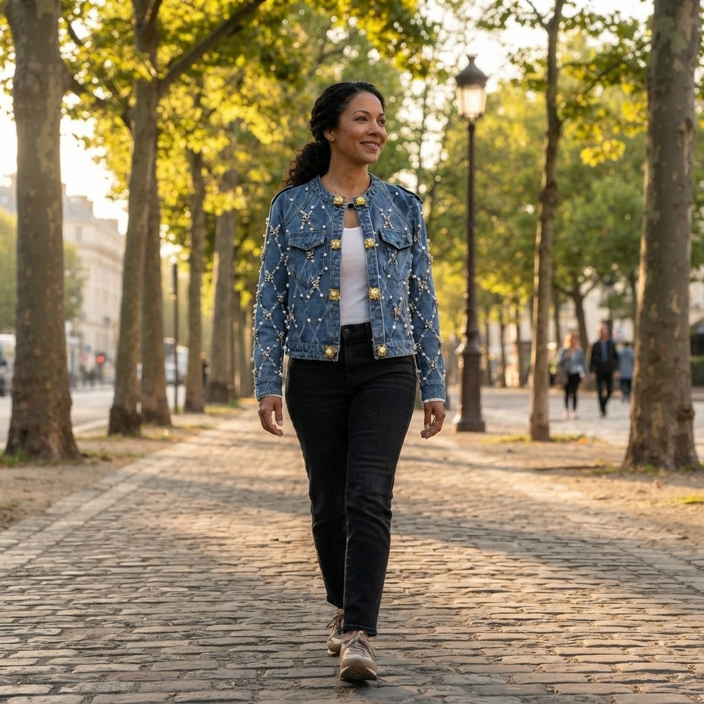 Chaqueta Vaqueras Estampada con Perlas