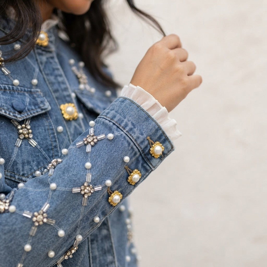 Chaqueta Vaqueras Estampada con Perlas